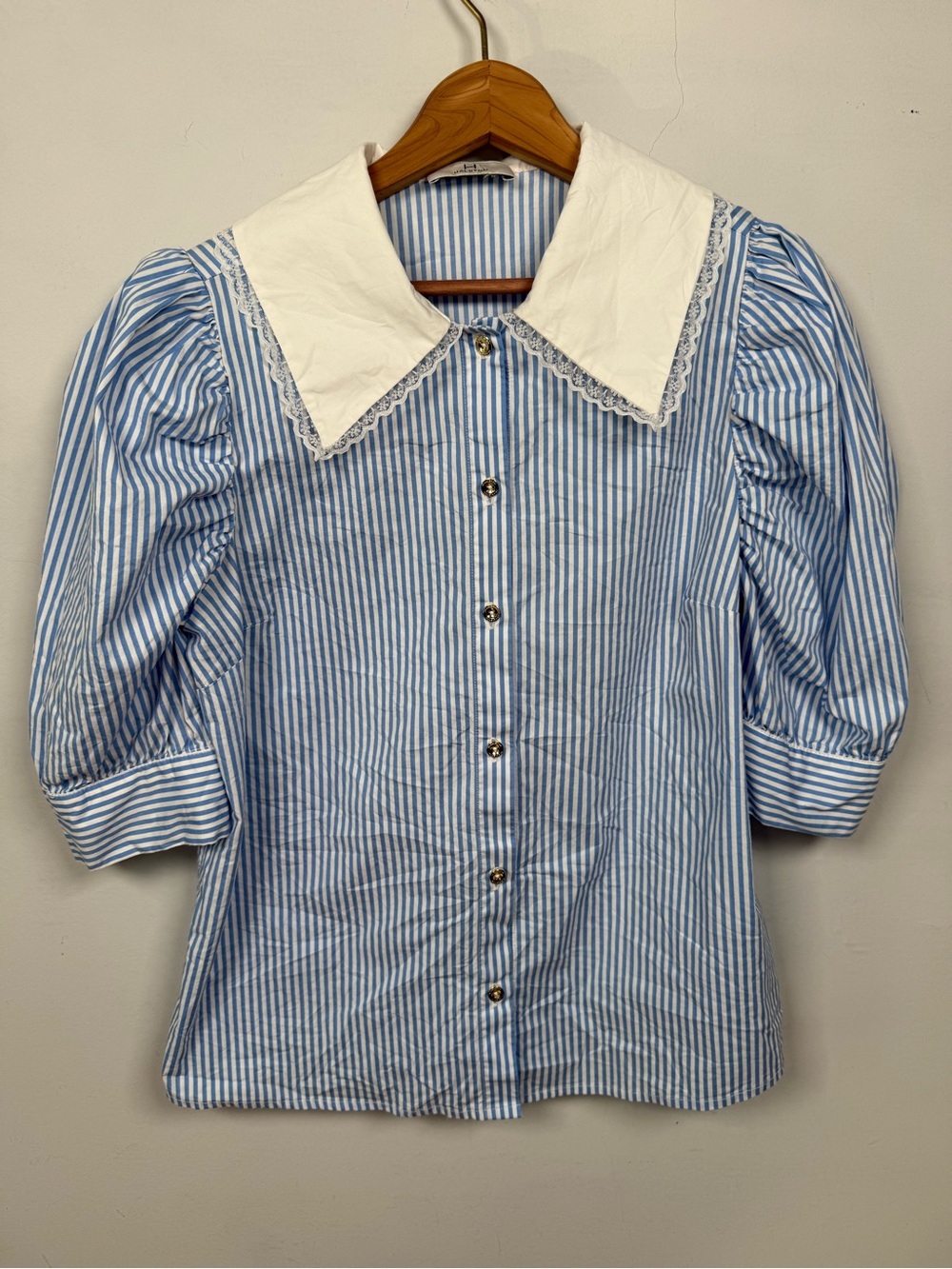 Halston Puff Sleeve Peter Pan Collar Striped Blouse Size M Blue White